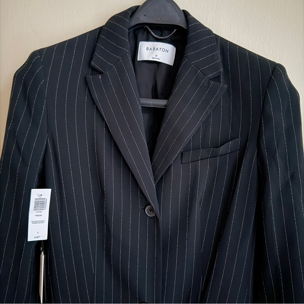 NWT Babaton Trent Long Blazer Jacket in black pinstripe
